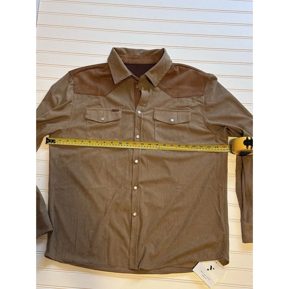 NWT Yousify Men's XL Lightweight Brown Corduroy Western Pearl Snap Shacket Boho